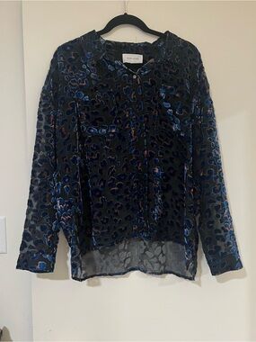 Dear John Black burnt velvet Sheer Blouse with Blue and Brown Leopard Spots